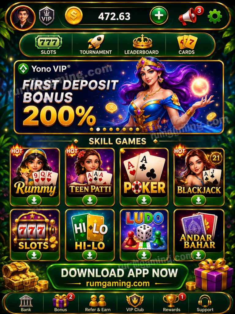 Royal Yono Apk (2026) | Withdrawal ₹260 & Bonus ₹85 4 Royal Yono app dashboard with bonus banner, game icons, and rumgaming.com branding.