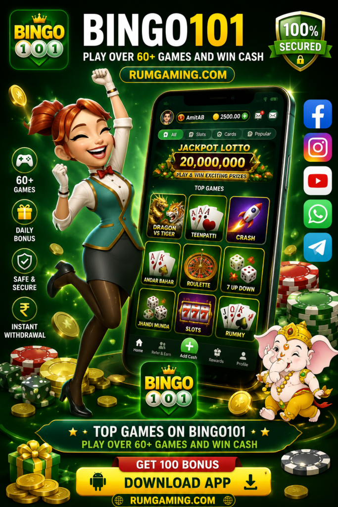 Bingo101 gaming app poster with smartphone, casino games, and rumgaming.com watermark.