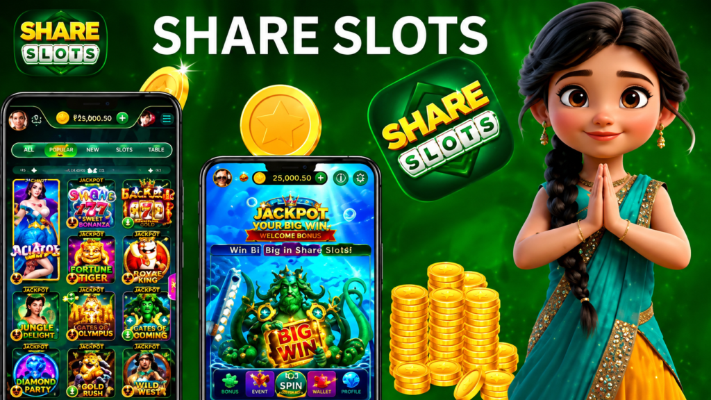  Share Slots game app interface with jackpot rewards and coin bonuses.