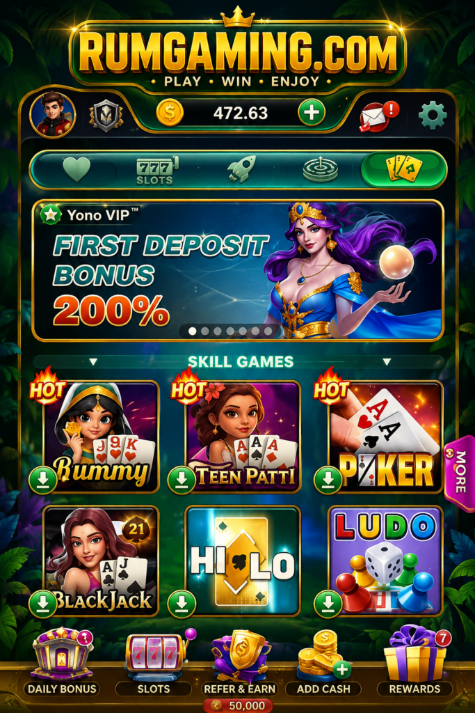 Yono Slots home screen featuring Rummy, Poker, Teen Patti, Blackjack, Hi-Lo, and Ludo.